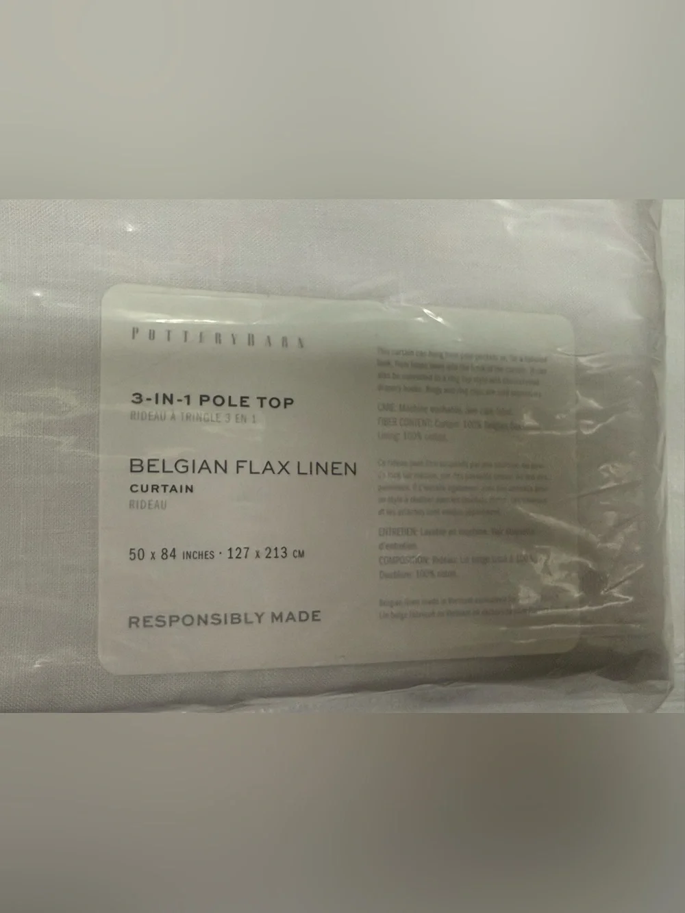 Pottery Barn Belgian Flax Linen 3-in-1 Pole Top Curtain (New)